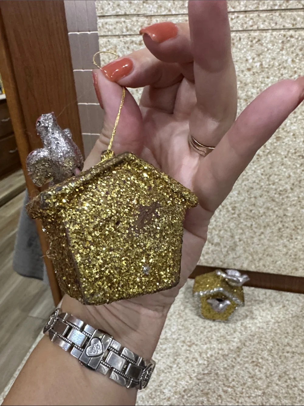 Vintage Gold & Silver Glitter Birdhouse Holiday Ornaments set 3